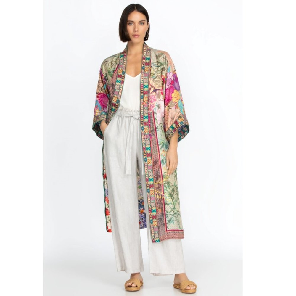 Johnny Was Getsu Eliza Kimono Reversible Pink Green Floral Coat Jacket XL NEW